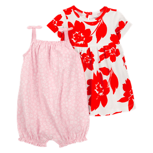 Set Vestido Flores, Mameluco Rosado y Calzón Bebés Niñas - Carter's