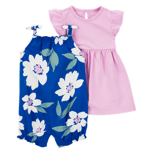 Set Vestido Rosado, Mameluco Flores y Calzón Bebés Niñas - Carter's