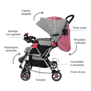 Coche Mecedora para Bebé Reversible Logan Rosado - Happy Baby