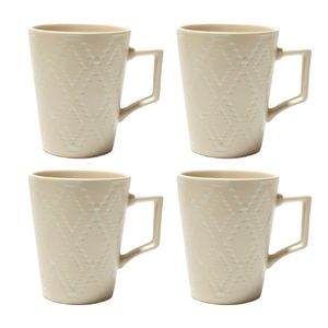 Set 4 Mugs con Soporte de Madera Cerámica Crema 343ml - Ikhome