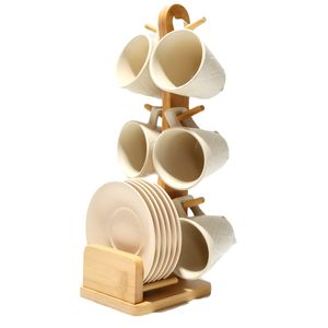 Set 6 Mugs y Platos con Soporte de Madera Crema - Ikhome