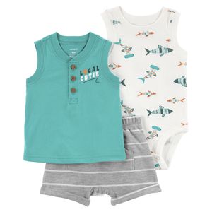 Set Camiseta Estampada, Body y Short Gris Bebés Niños - Carter's