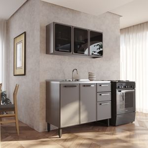 Cocina Integral con vidrios en Acero 120cm incluye lavaplatos central Gris grafito