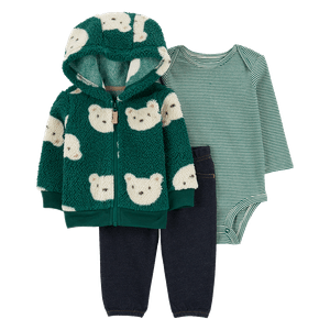 Set Chaqueta Verde, Body Rayas y Pantalón Bebés Niños - Carter's