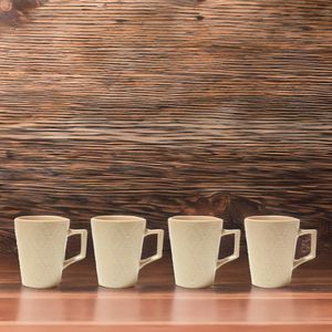 Set 4 Mugs con Soporte de Madera Cerámica Crema 343ml - Ikhome