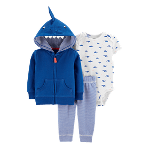 Set Chaqueta Azul, Body Tiburones y Pantalón Rayas Bebés Niños - Carter's
