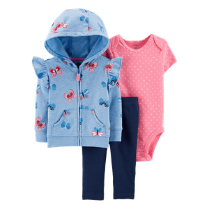 Set Chaqueta Azul, Body Rosado y Pantalón Bebés Niñas - Carter's