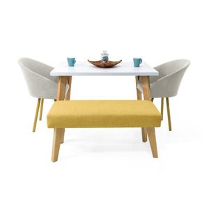 Comedor 4 Puestos Lugo Matiz, Sillas Tokyo Taupe + Butaco Viena en Tela Mostaza