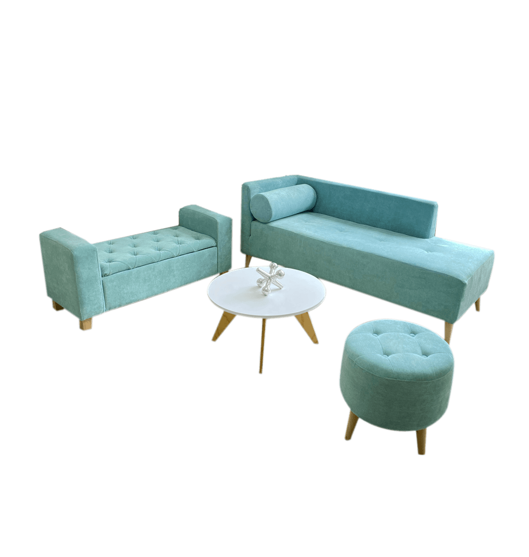 Combo Sofá Chaise Long + Taburete Baul + Puff y Mesita - Dko Design