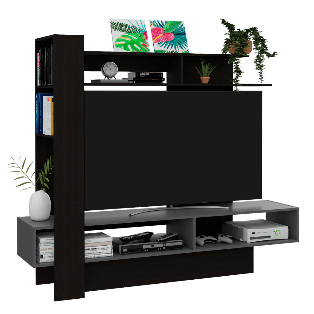 Mesa para TV Vegas, Wengue y Plata oscuro, con espacio para televisor de hasta 55 pulgadas
