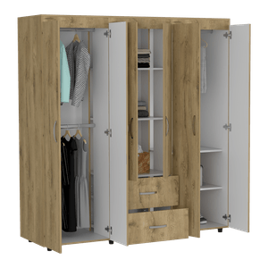 Closet Bombay, Macadamia y Blanco Duqueza, variedad de entrepaños y seis puertas abatibles