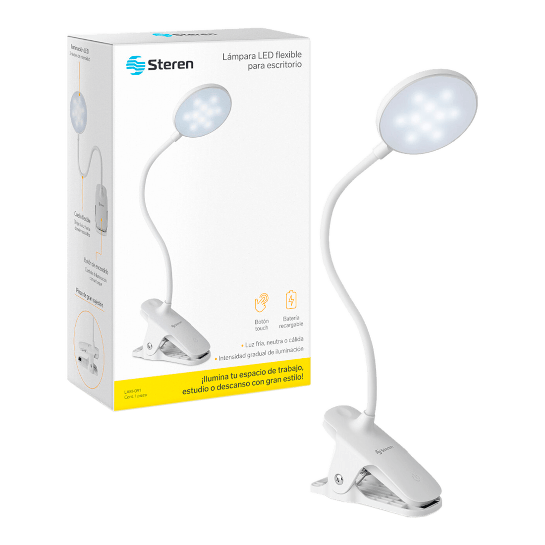 Lámpara LED con batería recargable, cuello flexible y pinza