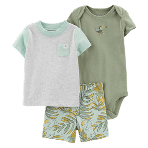 Set Camiseta Gris, Short Estampado y Body Niños - Carter's
