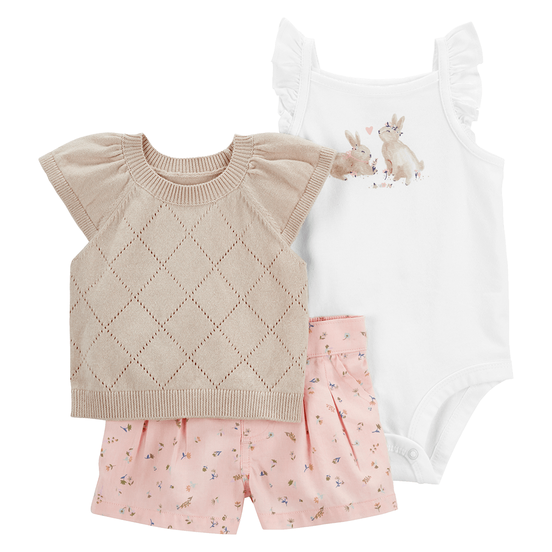 Set Body Conejos, Camiseta Beige y Short Rosa Niñas - Carter's
