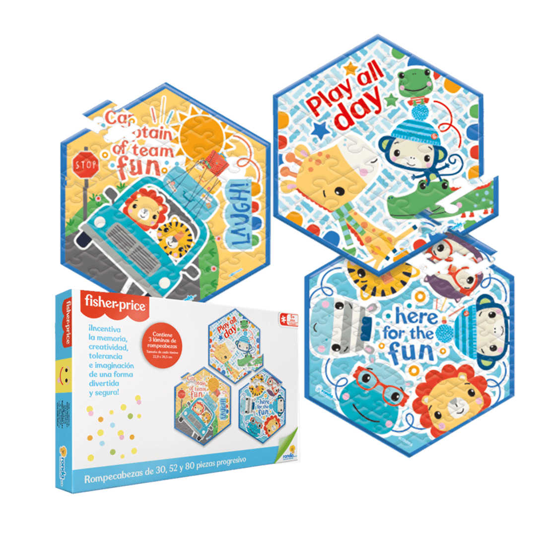 3 Rompecabezas Progresivo Fisher Price 30, 52 y 80 Piezas - Ronda
